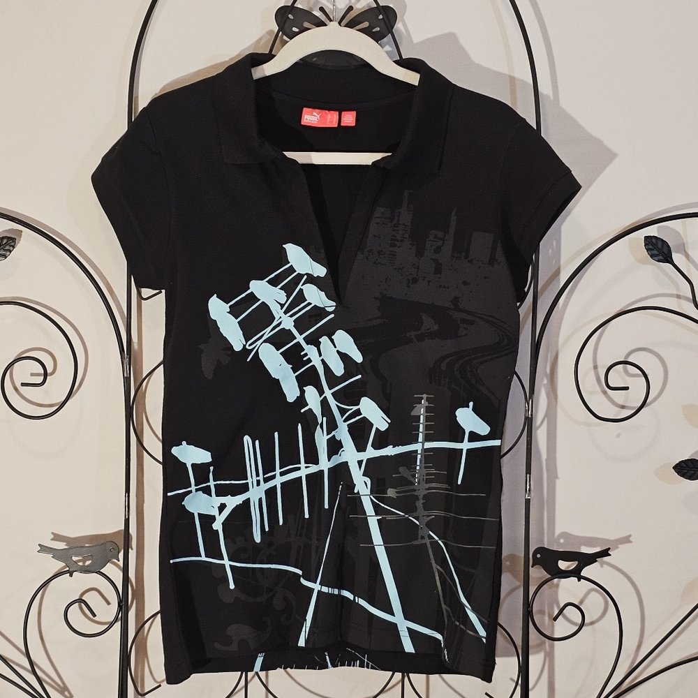 Black Puma Polo Shirt with Stylized Cityscape